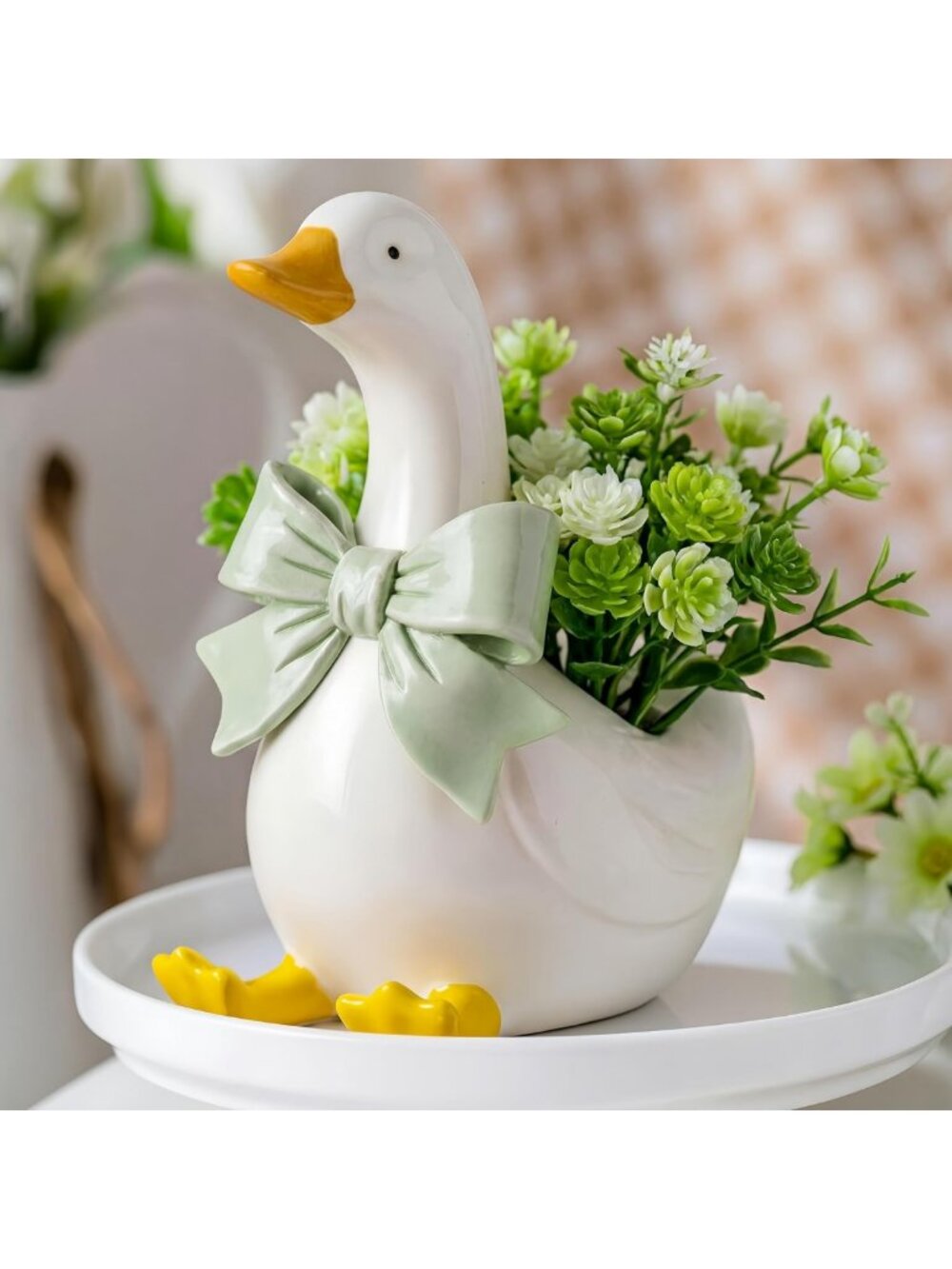 Cute Ceramic Flower Vase - Silly Goose Design, Aesthetic Nursery Decor, Green